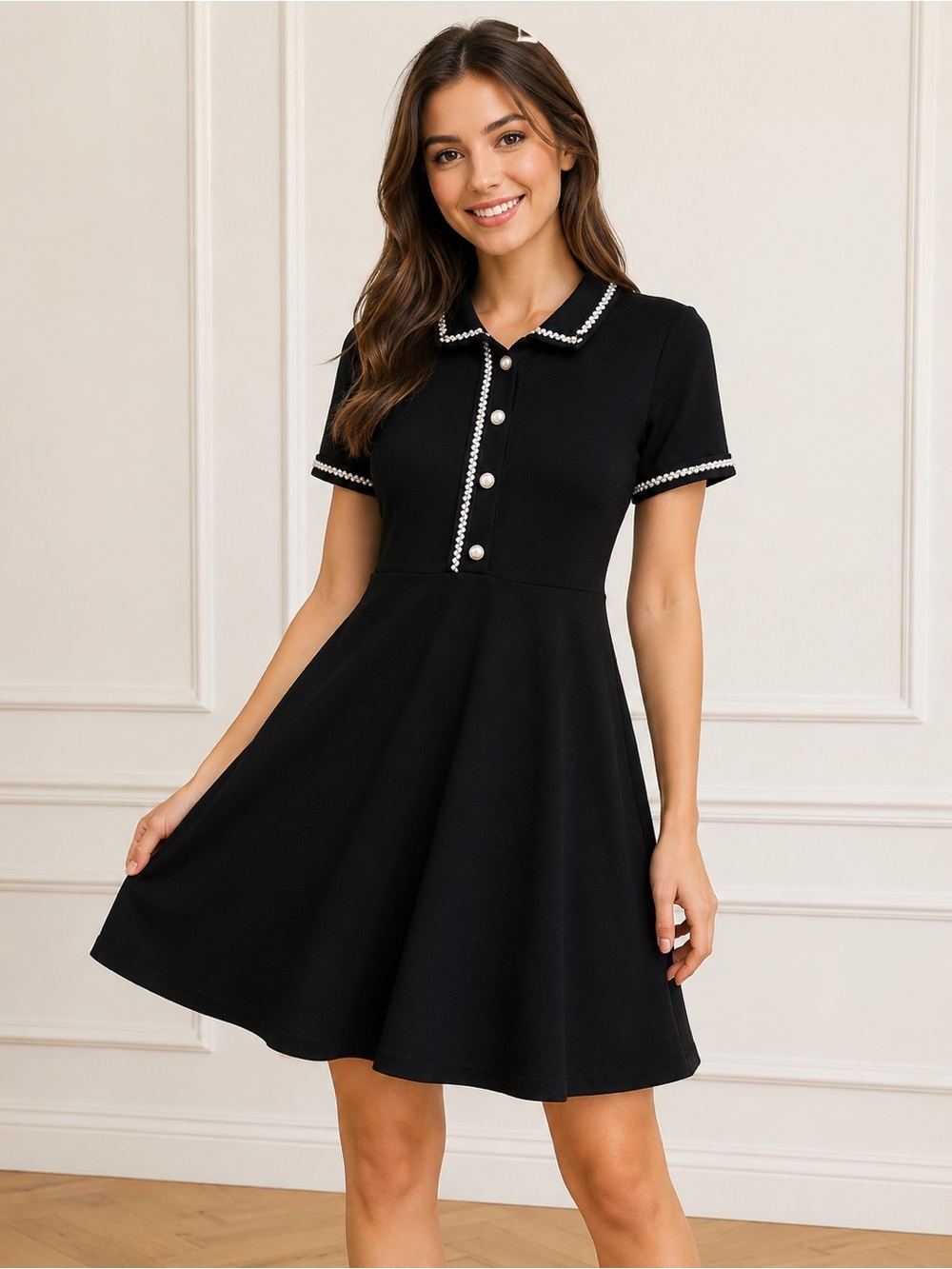 JM Black Pearl Trim Fit & Flare Dress Size Large